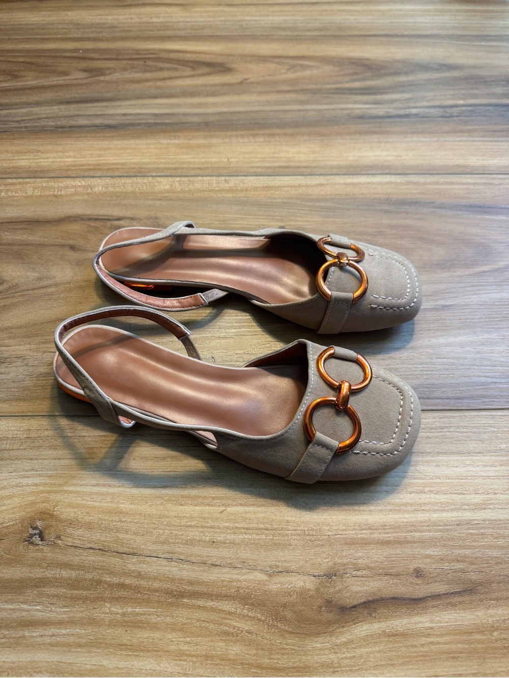 Taupe Slingback Flats with Decorative Orange Accent Rings and Heels